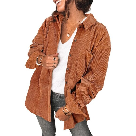 Womens Corduroy Shacket Long Sleeve Oversized Button Up V Neck Blouse